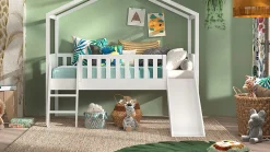 New Halfhoogslaper Dallas als huis met glijbaan Bedhuisje|Kinderbed