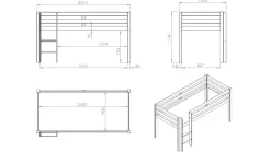 Halfhoogslaper Pino met commode 4 laden, commode 2 deuren, hangtablet en bureau Halfhoogslaper|Kinderbed